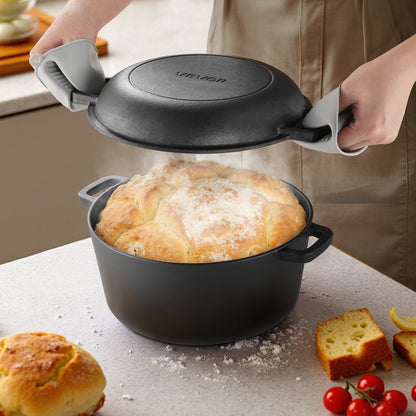 Cast Iron Dutch Oven, 2-in-1 Pre-Seasoned Pot with Skillet Lid, 4.7L Cookware Pan with Proofing Basket, Bread Baking Accessories, Bread-Oven Compatible 260 ℃