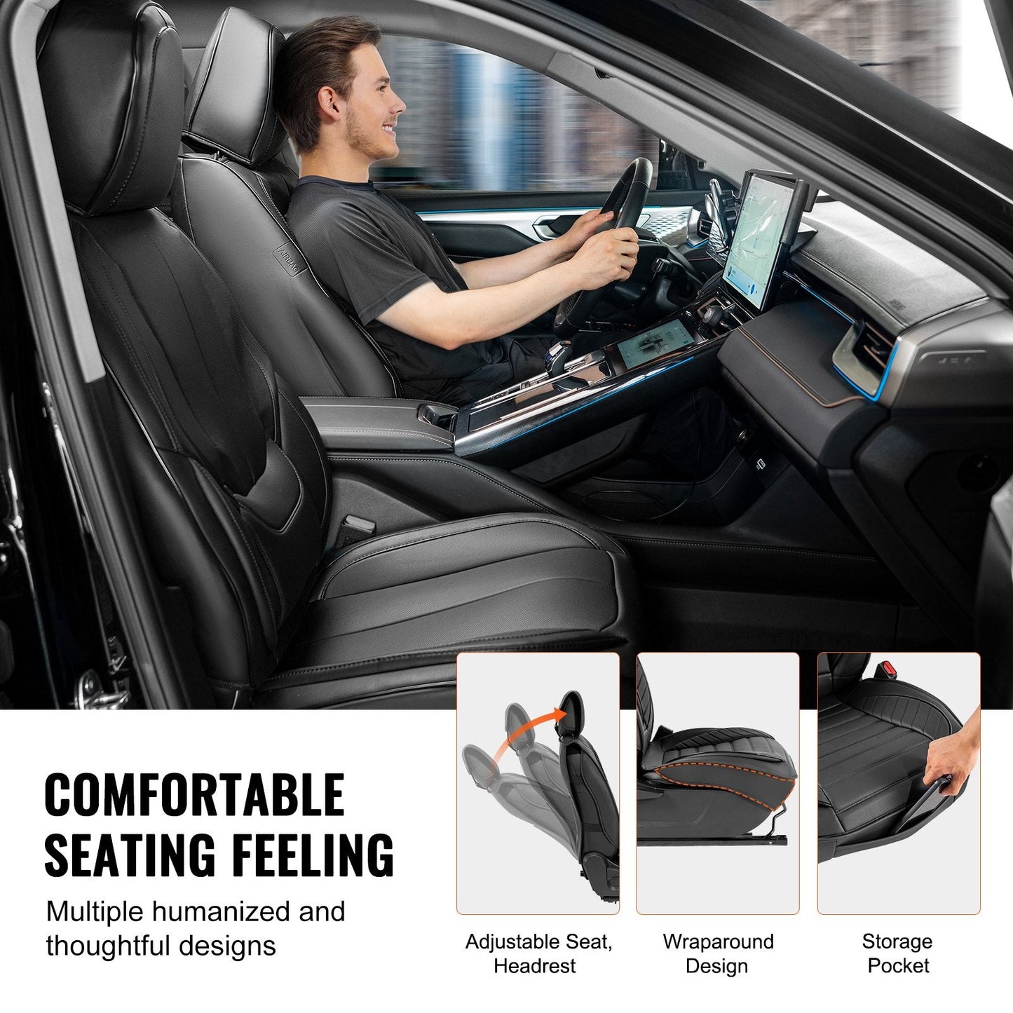 Universal Faux Leather Car Seat Covers, 6pcs, Black, Airbag Compatible
