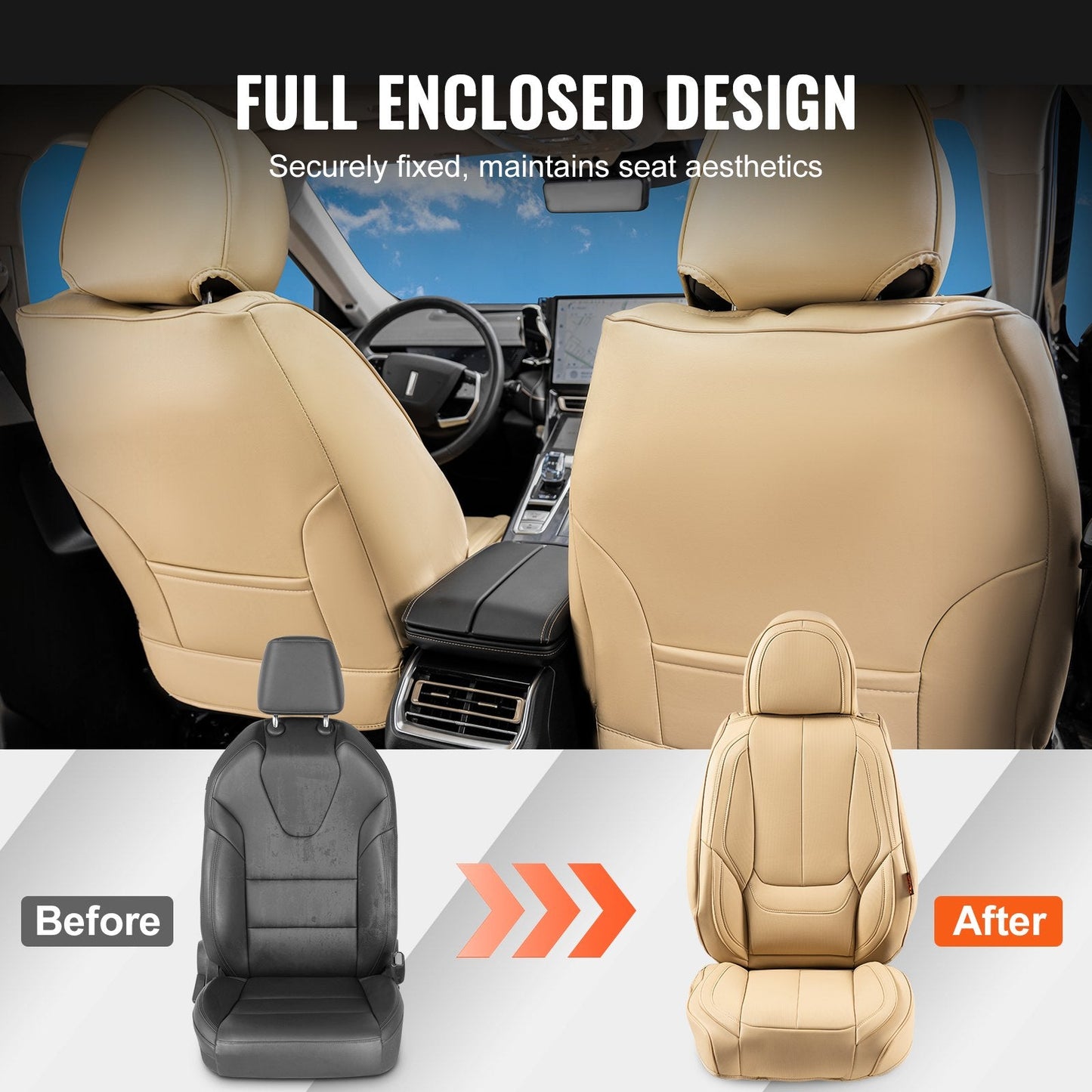 Universal Faux Leather Car Seat Covers, Set of 6, Beige, Airbag Compatible