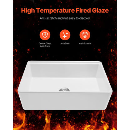 VEVOR 32.5 in Farmhouse Sink Undermount Kitchen Single Bowl Basin Fireclay White