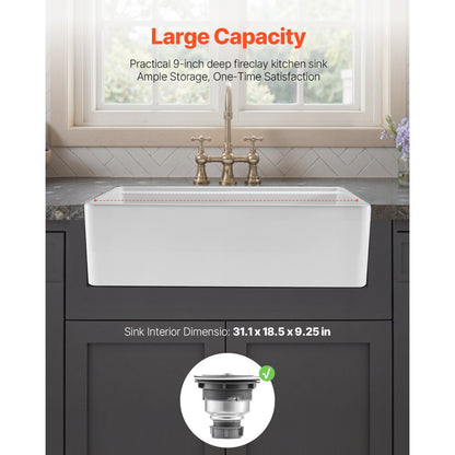 VEVOR 32.5 in Farmhouse Sink Undermount Kitchen Single Bowl Basin Fireclay White