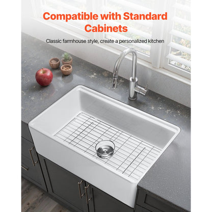 VEVOR 32.5 in Farmhouse Sink Undermount Kitchen Single Bowl Basin Fireclay White