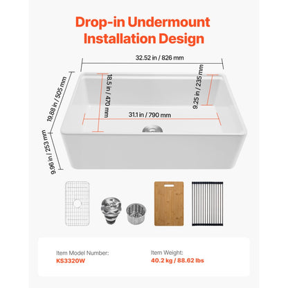 VEVOR 32.5 in Farmhouse Sink Undermount Kitchen Single Bowl Basin Fireclay White