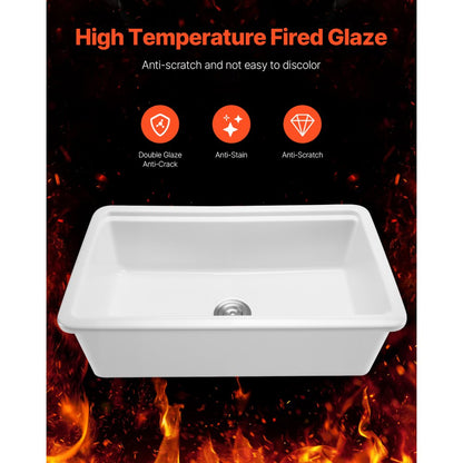 VEVOR 33in Farmhouse Sink Topmount Undermount Kitchen Single Bowl Basin Fireclay
