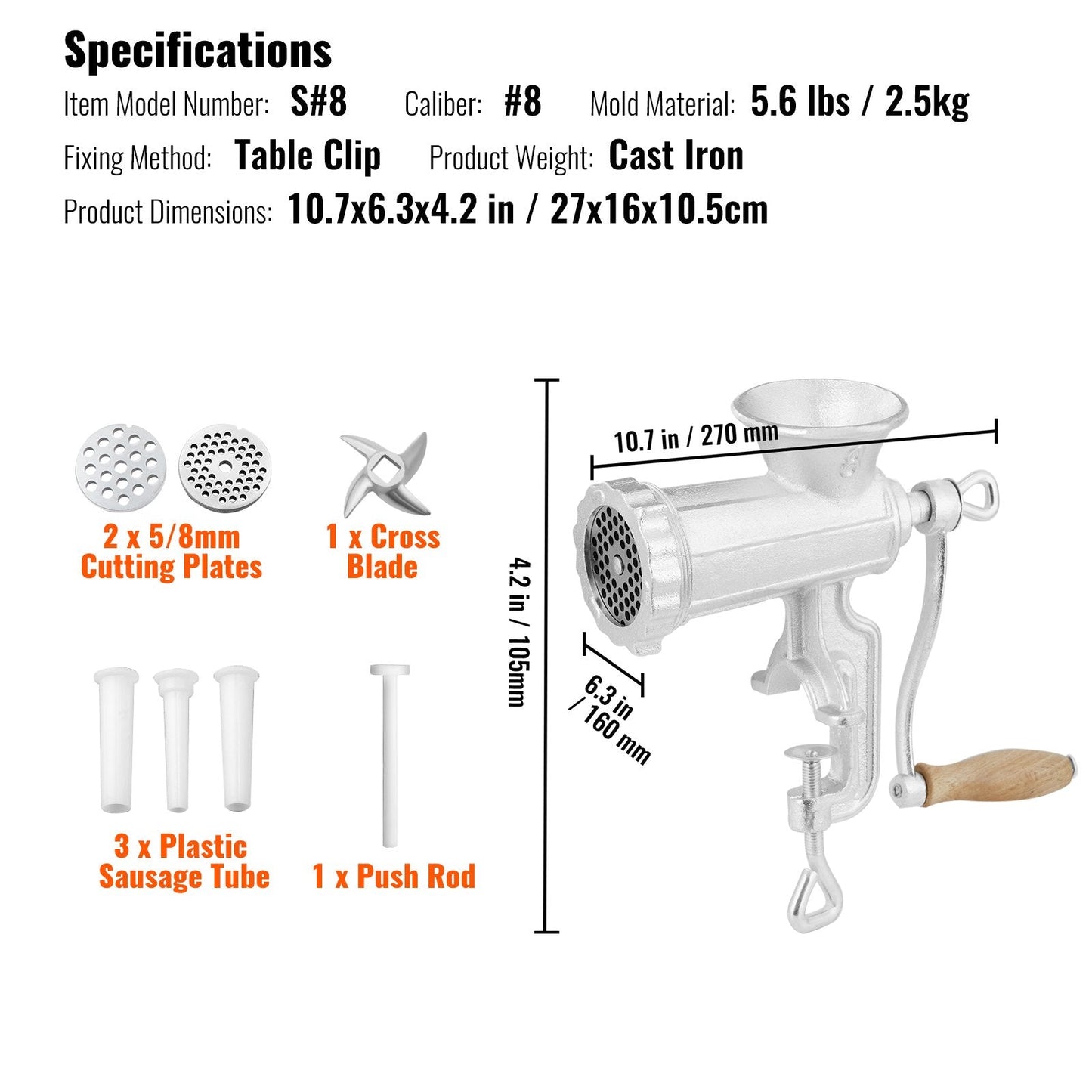 Heavy Duty Cast Iron Meat Grinder with Steel Table Clamp, 2.5 kg