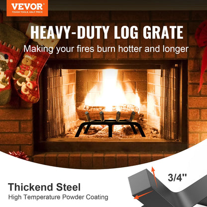 Heavy Duty Fireplace Log Grate, 0.45m with 6 Legs, Steel Bars, 6.6 kg, Black