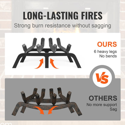 Heavy Duty Fireplace Log Grate, 0.45m with 6 Legs, Steel Bars, 6.6 kg, Black