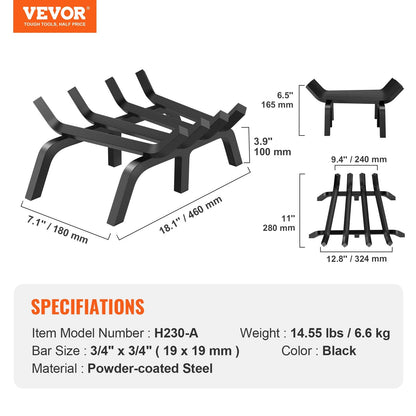 Heavy Duty Fireplace Log Grate, 0.45m with 6 Legs, Steel Bars, 6.6 kg, Black