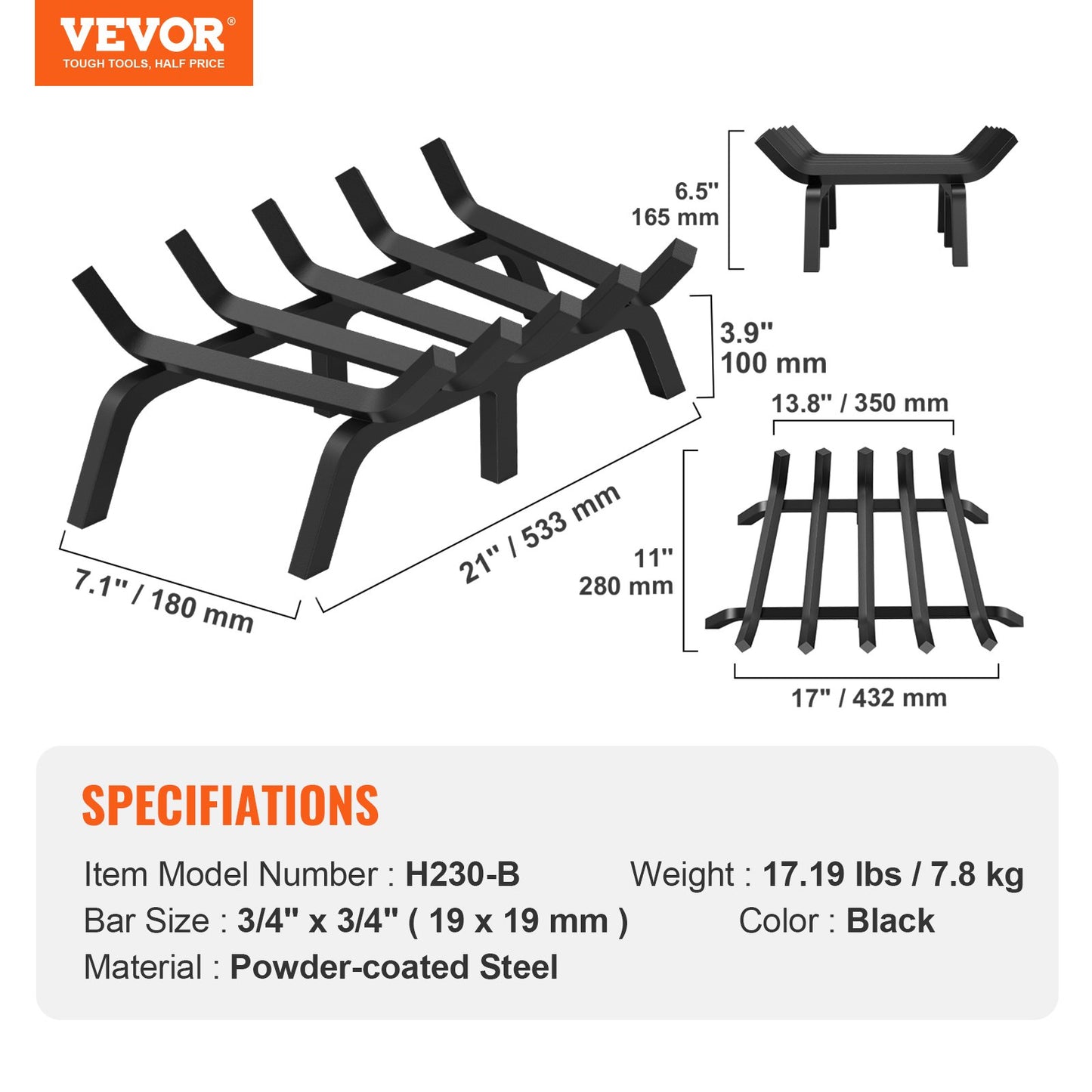 VEVOR Fireplace Log Grate, 533.4mm Heavy Duty Fireplace Grate with 6 Support Legs,