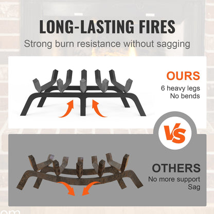 Heavy Duty 0.6m Fireplace Log Grate with 6 Legs, Solid Steel Bars, Black
