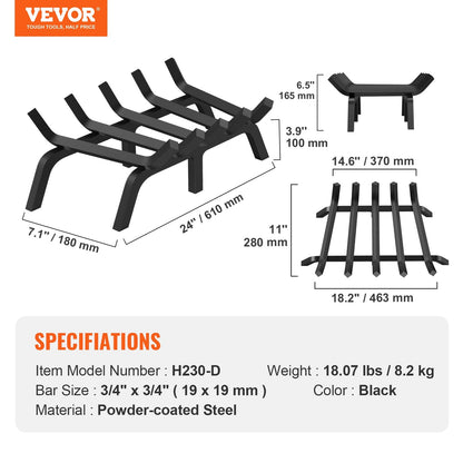 Heavy Duty 0.6m Fireplace Log Grate with 6 Legs, Solid Steel Bars, Black
