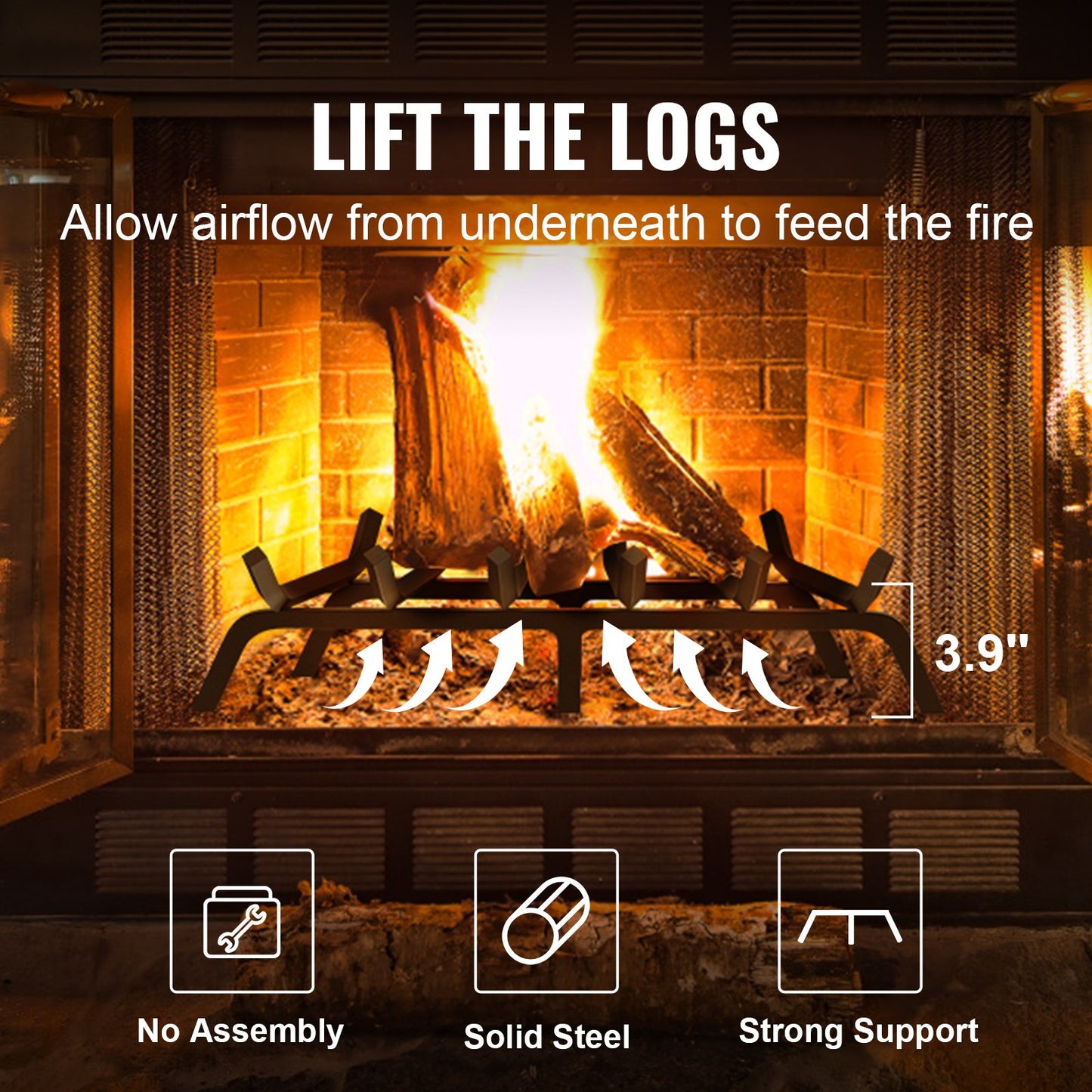 VEVOR Fireplace Log Grate, 685.8mm Heavy Duty Fireplace Grate with 6 Support Legs,