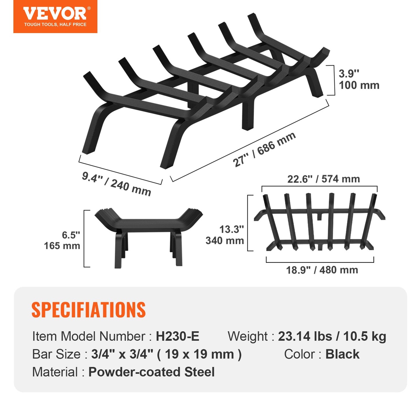 VEVOR Fireplace Log Grate, 685.8mm Heavy Duty Fireplace Grate with 6 Support Legs,