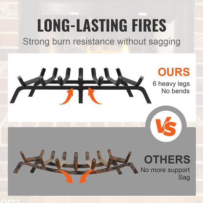 Heavy Duty 0.76m Fireplace Log Grate with 6 Legs, Powder-Coated Steel Bars