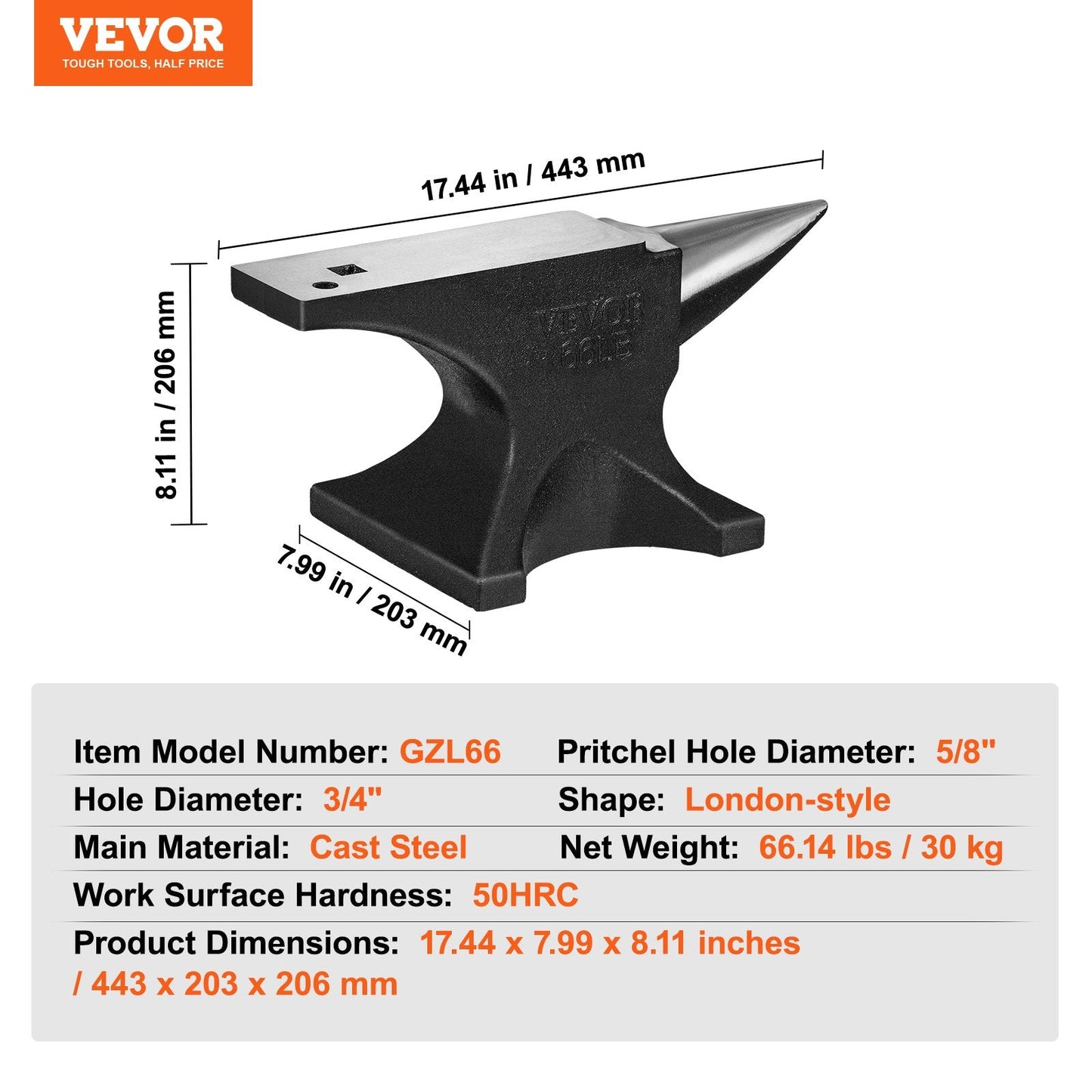 Single Horn Cast Steel Anvil, 30 kg, High Hardness for Metalworking