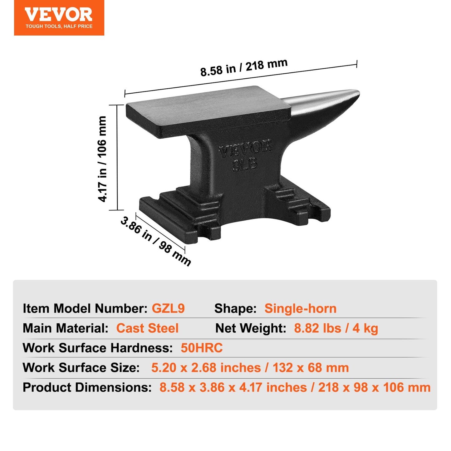 VEVOR Single Horn Anvil, 8.8Lbs Cast Steel Anvil, High Hardness Rugged Round Horn