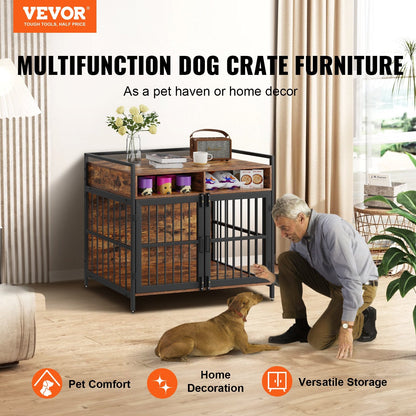 Wooden Dog Crate with Storage for Large Breeds, 104 cm, Double Doors, Brown