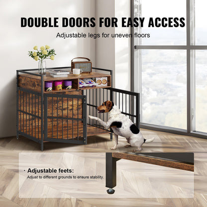 Wooden Dog Crate with Storage for Large Breeds, 104 cm, Double Doors, Brown