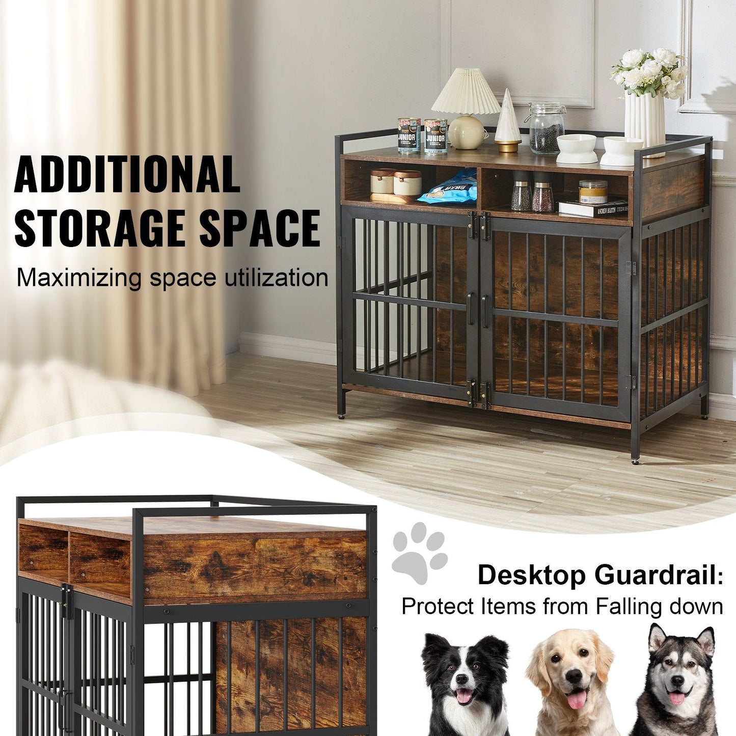 Wooden Dog Crate with Storage for Large Breeds, 104 cm, Double Doors, Brown