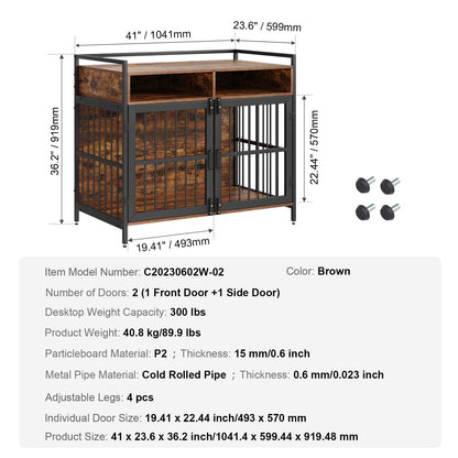 Wooden Dog Crate with Storage for Large Breeds, 104 cm, Double Doors, Brown