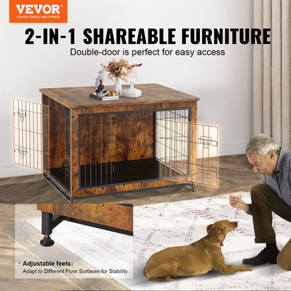 Rustic Brown Wooden Dog Crate Furniture with Double Doors, 1m for Dogs up to 32kg