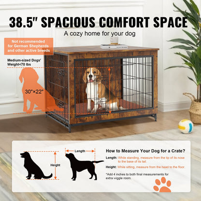 Rustic Brown Wooden Dog Crate Furniture with Double Doors, 1m for Dogs up to 32kg