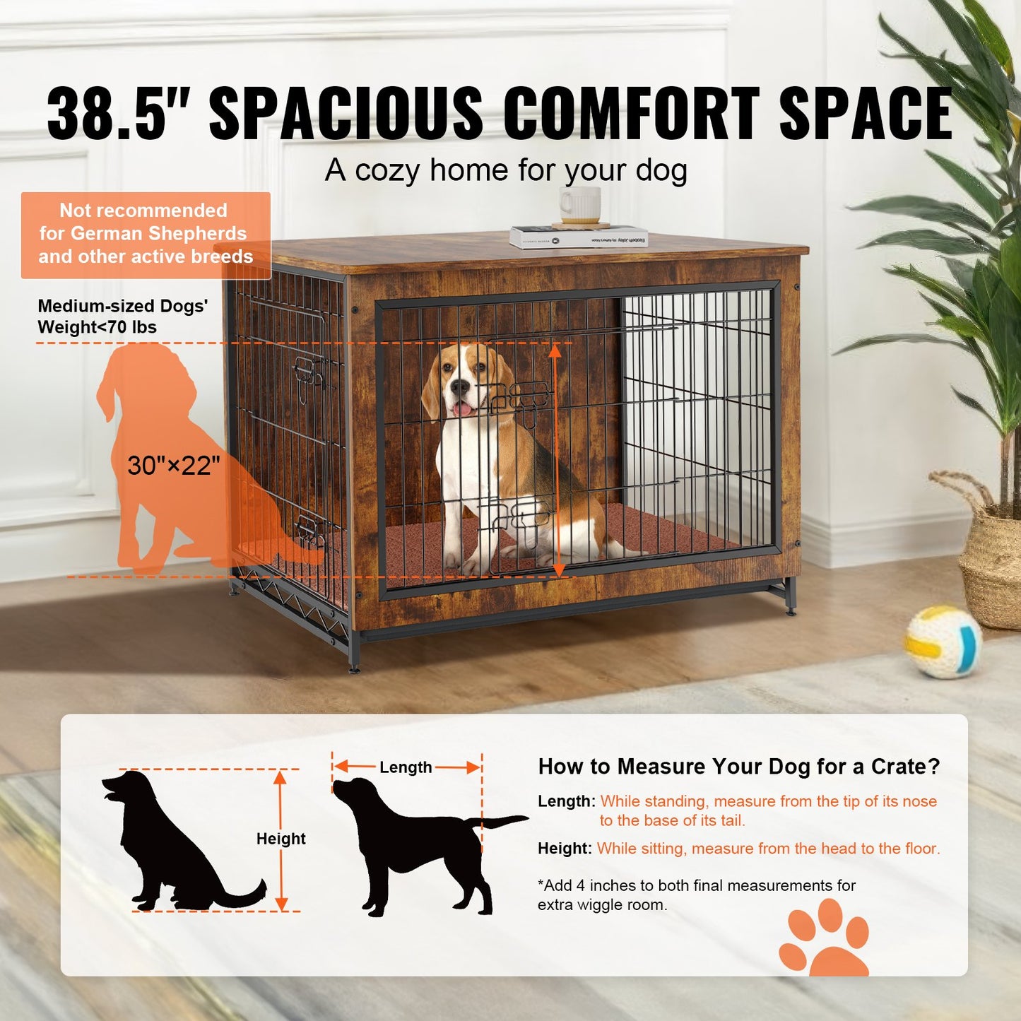 VEVOR Dog Crate Furniture, 38 inch Wooden Dog Crate with Double Doors, Heavy-Duty