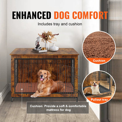 Rustic Brown Wooden Dog Crate Furniture with Double Doors, 1m for Dogs up to 32kg