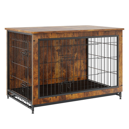 Rustic Brown Wooden Dog Crate Furniture with Double Doors, 1m for Dogs up to 32kg