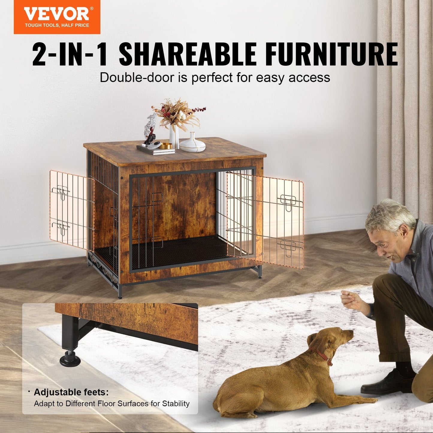 Wooden Dog Crate with Double Doors & Tray, 0.8m, 100kg Capacity, Brown