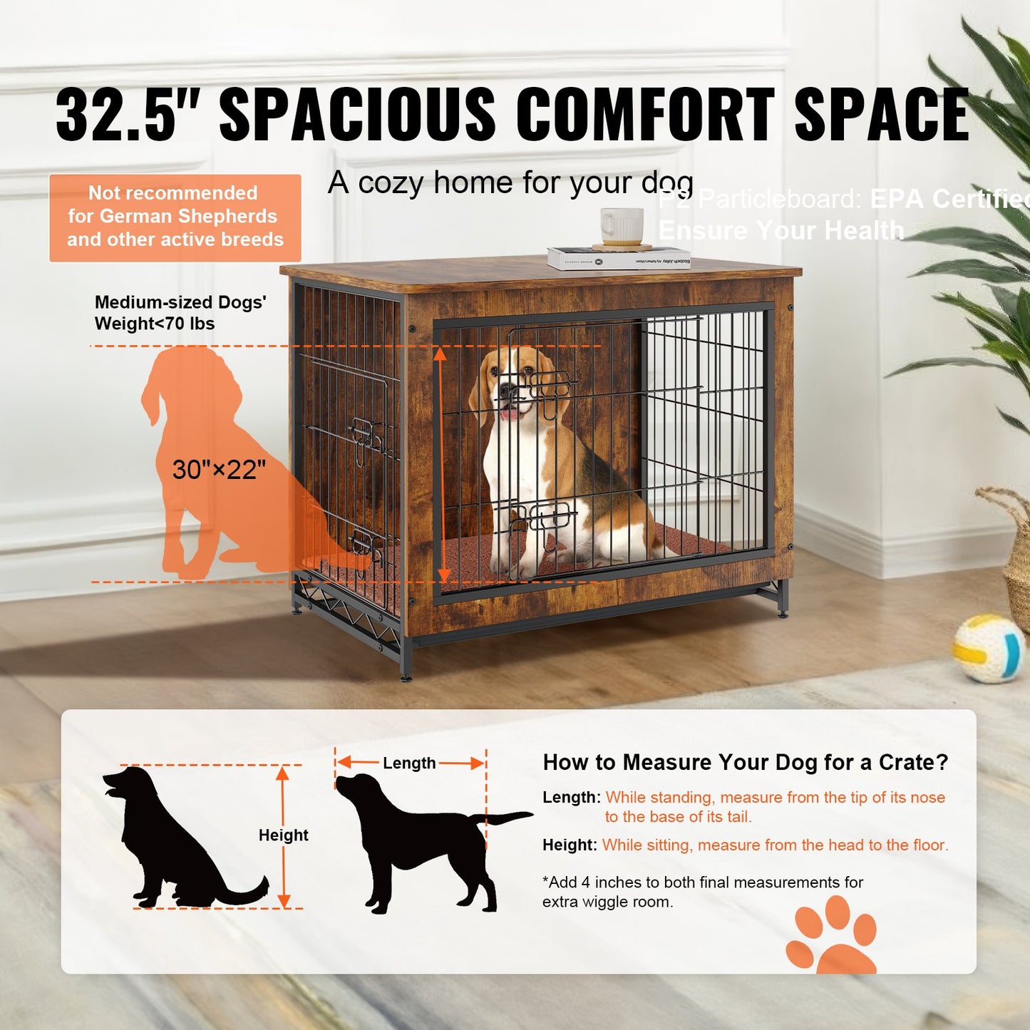 VEVOR Dog Crate Furniture 32 inch Wooden Dog Crate with Double Doors & Tray