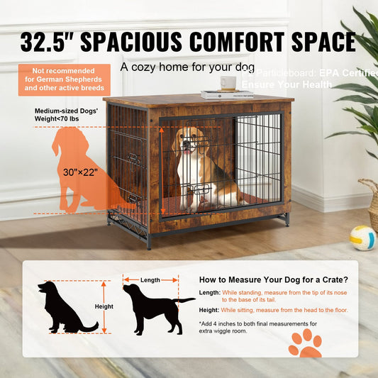 Wooden Dog Crate with Double Doors & Tray, 0.8m, 100kg Capacity, Brown