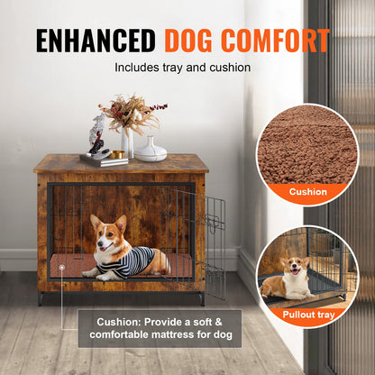 VEVOR Dog Crate Furniture 32 inch Wooden Dog Crate with Double Doors & Tray
