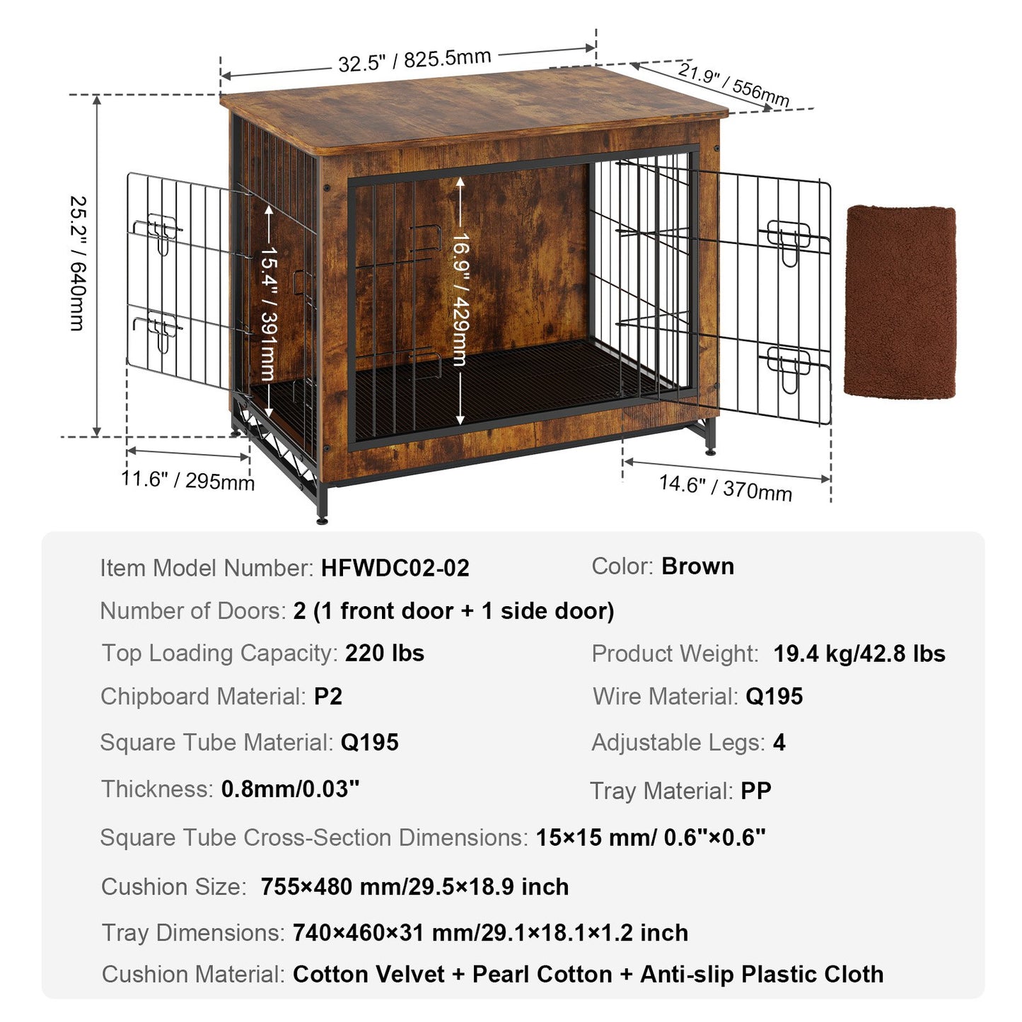 VEVOR Dog Crate Furniture 32 inch Wooden Dog Crate with Double Doors & Tray