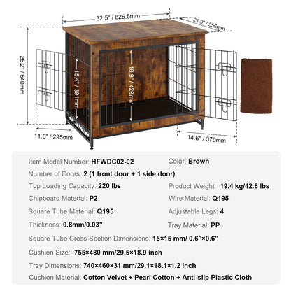 VEVOR Dog Crate Furniture 32 inch Wooden Dog Crate with Double Doors & Tray