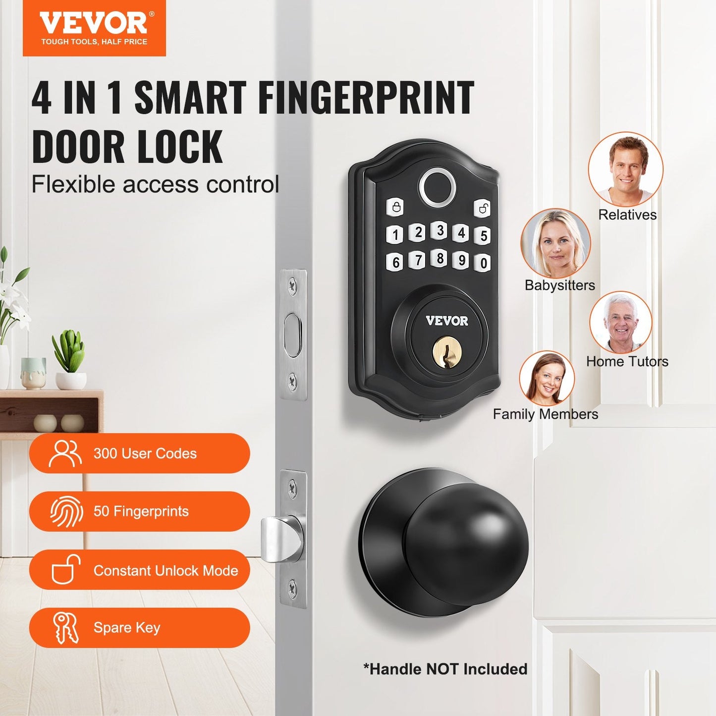 Keyless Fingerprint Door Lock with Keypad, Auto Lock, IP63, 300 Users