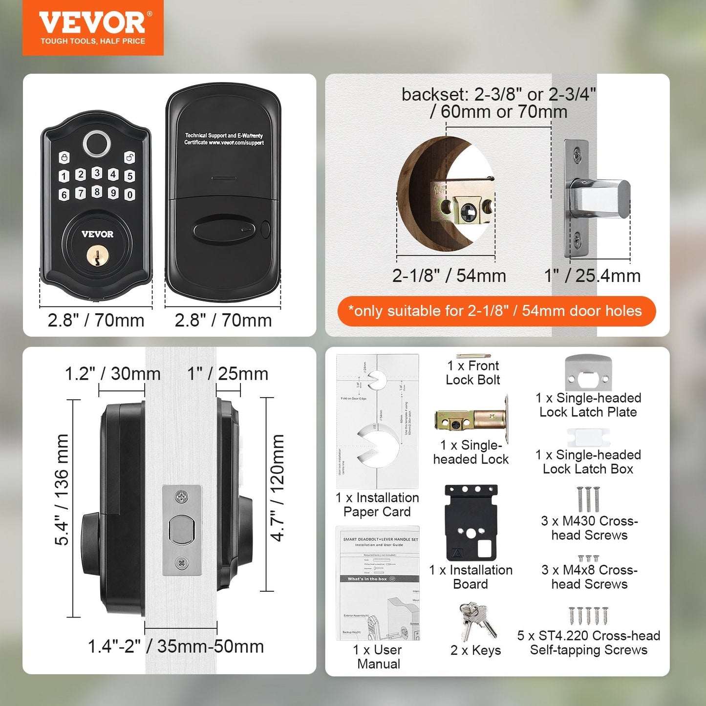 Keyless Fingerprint Door Lock with Keypad, Auto Lock, IP63, 300 Users