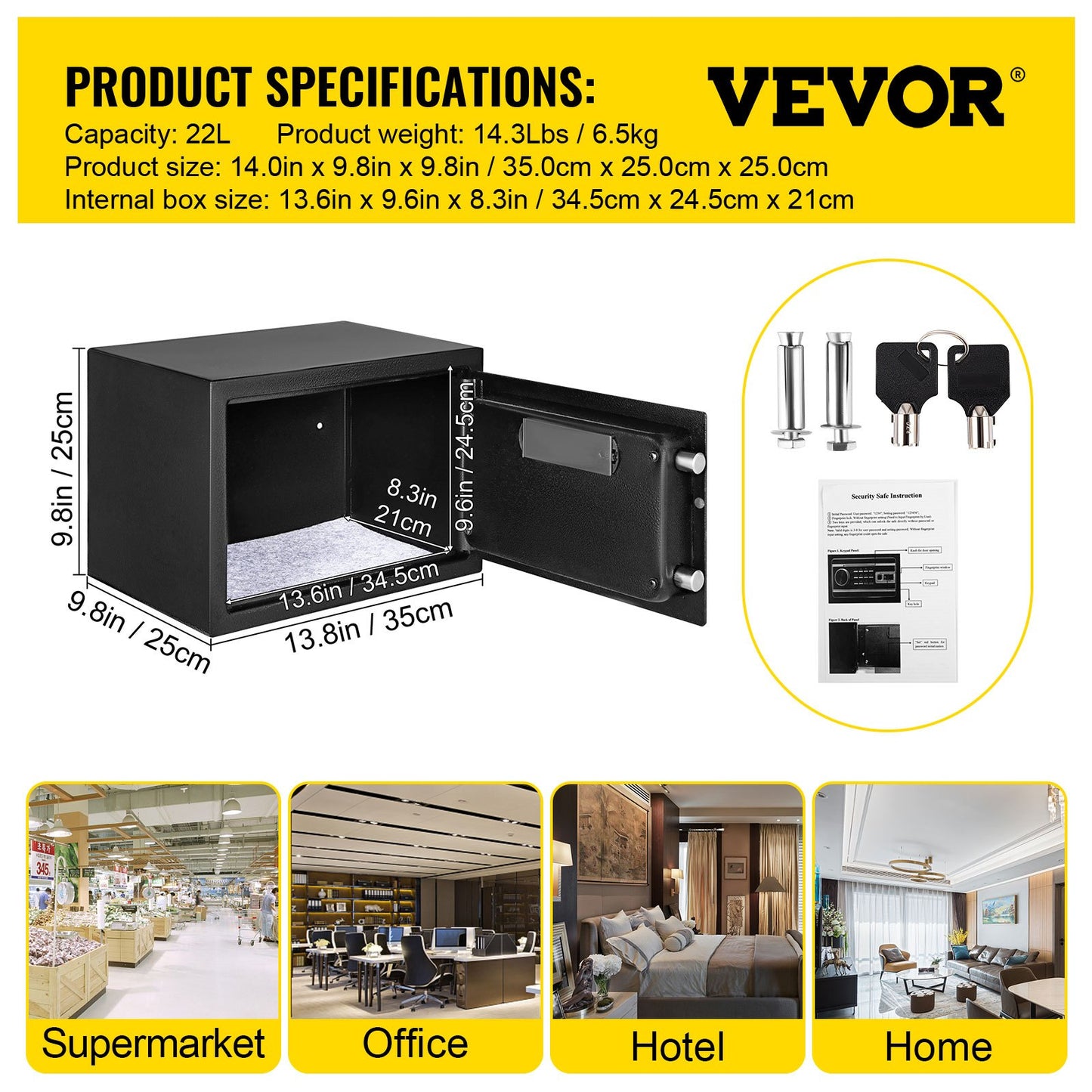 VEVOR Safe Box, 0.8 CU.FT Fingerprint Safe Box for Money w/ 2 Keys & Digital Keypad,