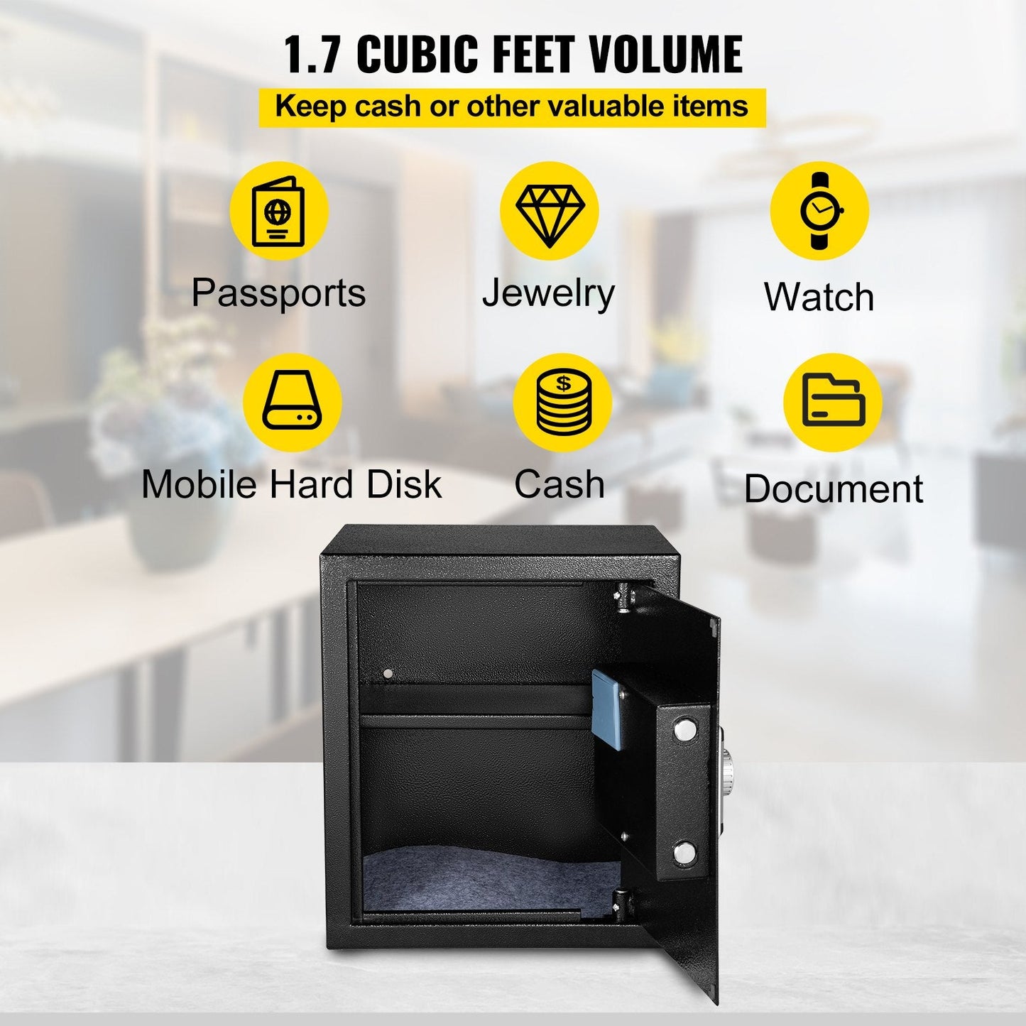 1.7 CU.FT Fingerprint Safe Box with Digital Keypad and Keys, Black, 15 kg