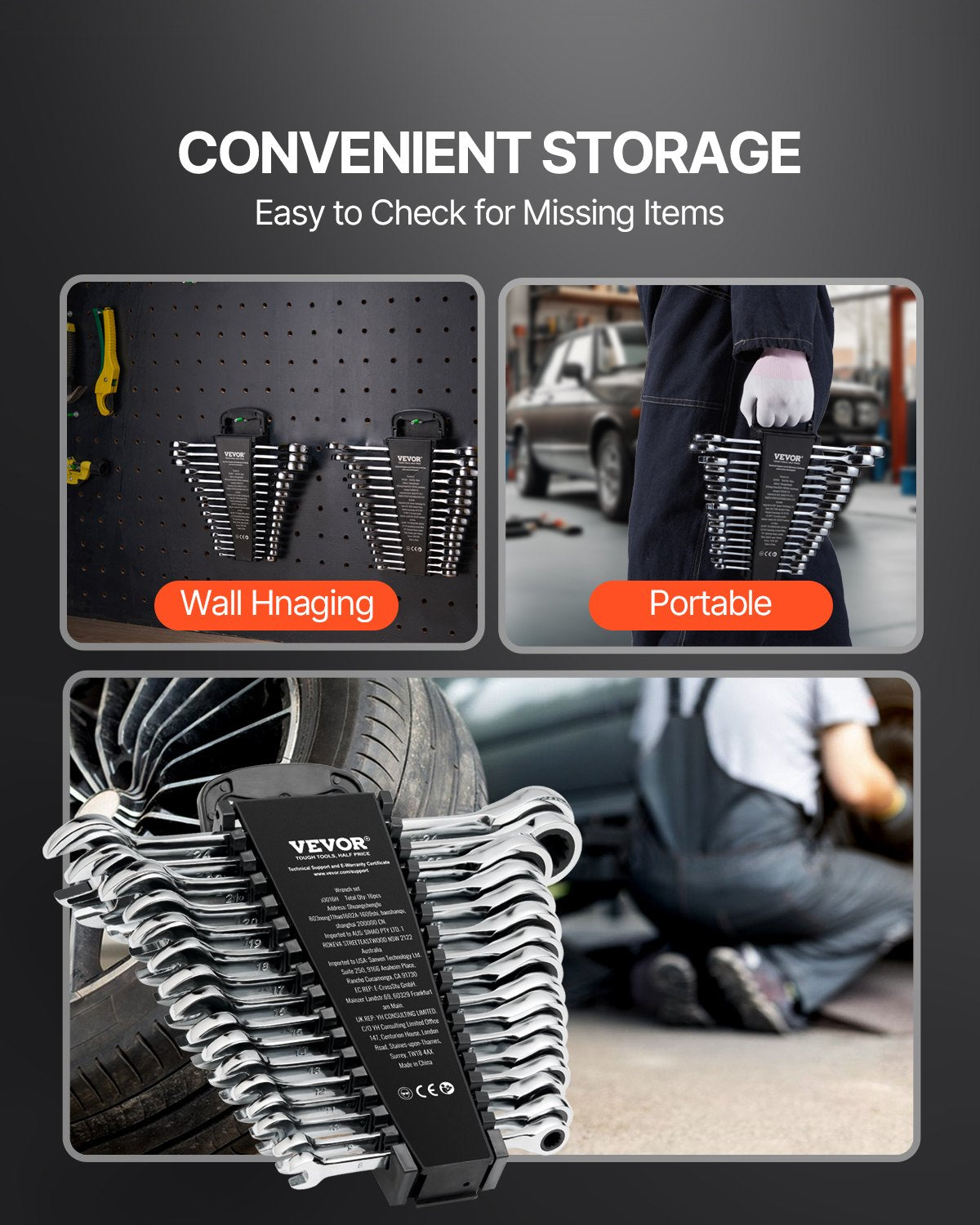 VEVOR Combination Wrench Set 16-Piece Metric 8 mm to 24 mm with Organizer Rack