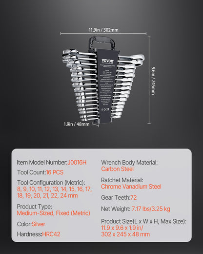 VEVOR Combination Wrench Set 16-Piece Metric 8 mm to 24 mm with Organizer Rack