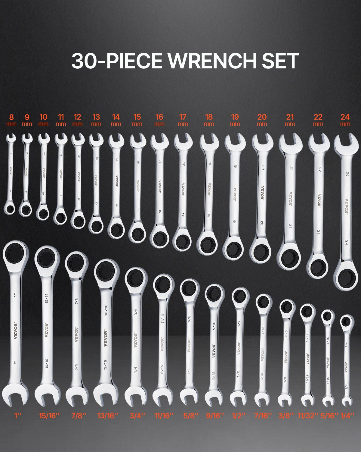 VEVOR Combination Wrench Set 30 PCS SAE 1/4" to 1", Metric 8-24mm Organizer Rack