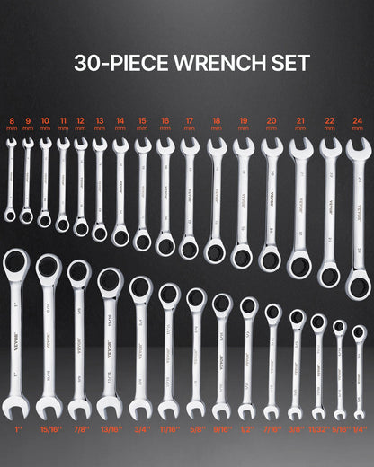 VEVOR Combination Wrench Set 30 PCS SAE 1/4" to 1", Metric 8-24mm Organizer Rack