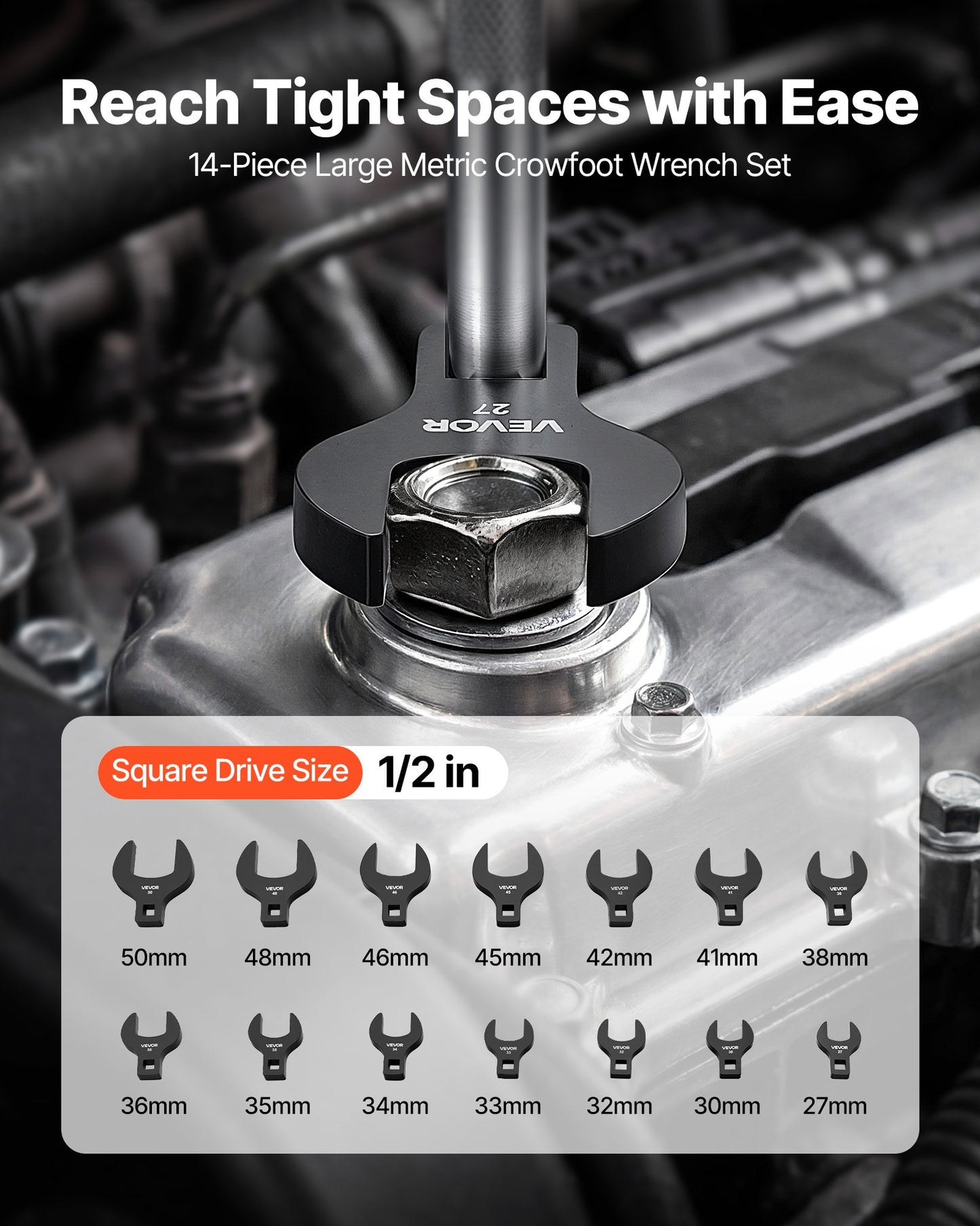 Crowfoot Wrench Set, 1/2" Drive, 14-Piece Metric 27 to 50 mm Crows Foot Wrenches, 40Cr Alloy Steel, with Storage Tray, Dual Size Markings on Tools and Tray, for Auto Maintenance or Repairs