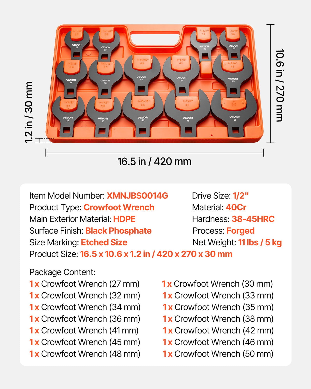 Crowfoot Wrench Set, 1/2" Drive, 14-Piece Metric 27 to 50 mm Crows Foot Wrenches, 40Cr Alloy Steel, with Storage Tray, Dual Size Markings on Tools and Tray, for Auto Maintenance or Repairs