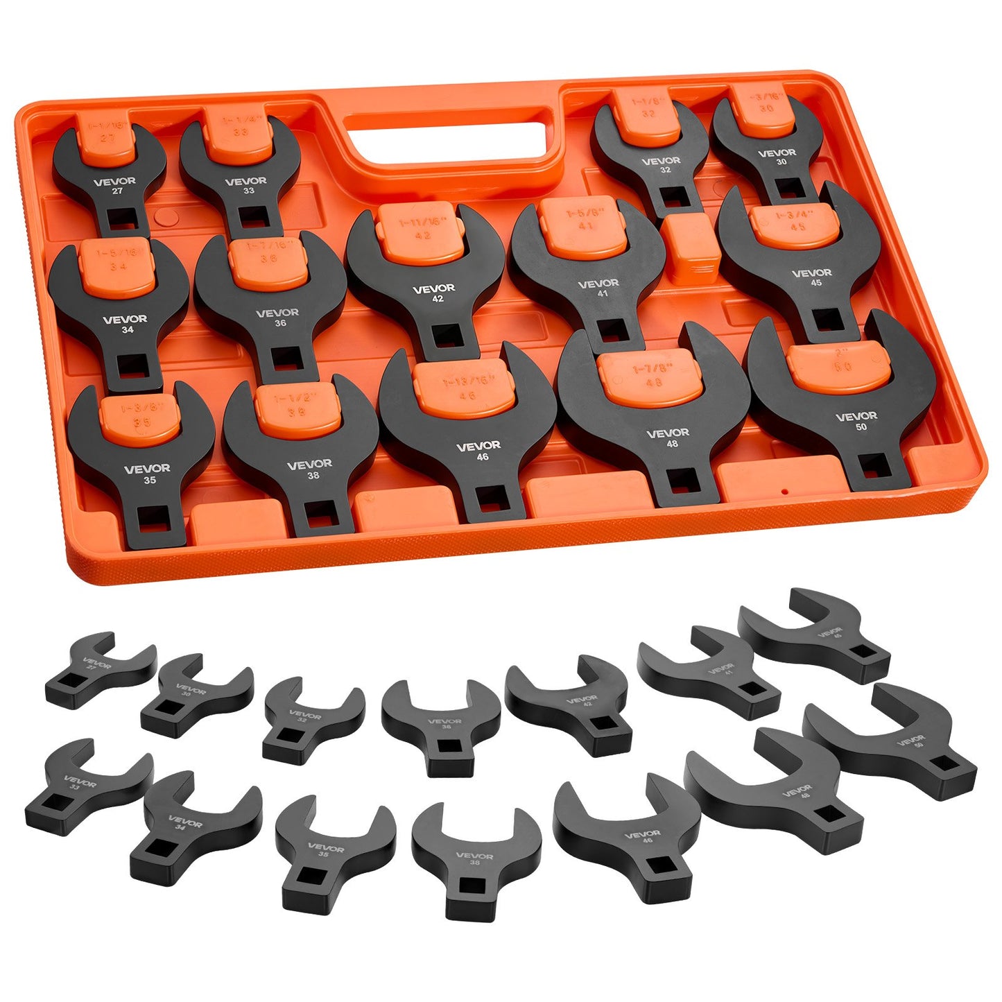 Crowfoot Wrench Set, 1/2" Drive, 14-Piece Metric 27 to 50 mm Crows Foot Wrenches, 40Cr Alloy Steel, with Storage Tray, Dual Size Markings on Tools and Tray, for Auto Maintenance or Repairs