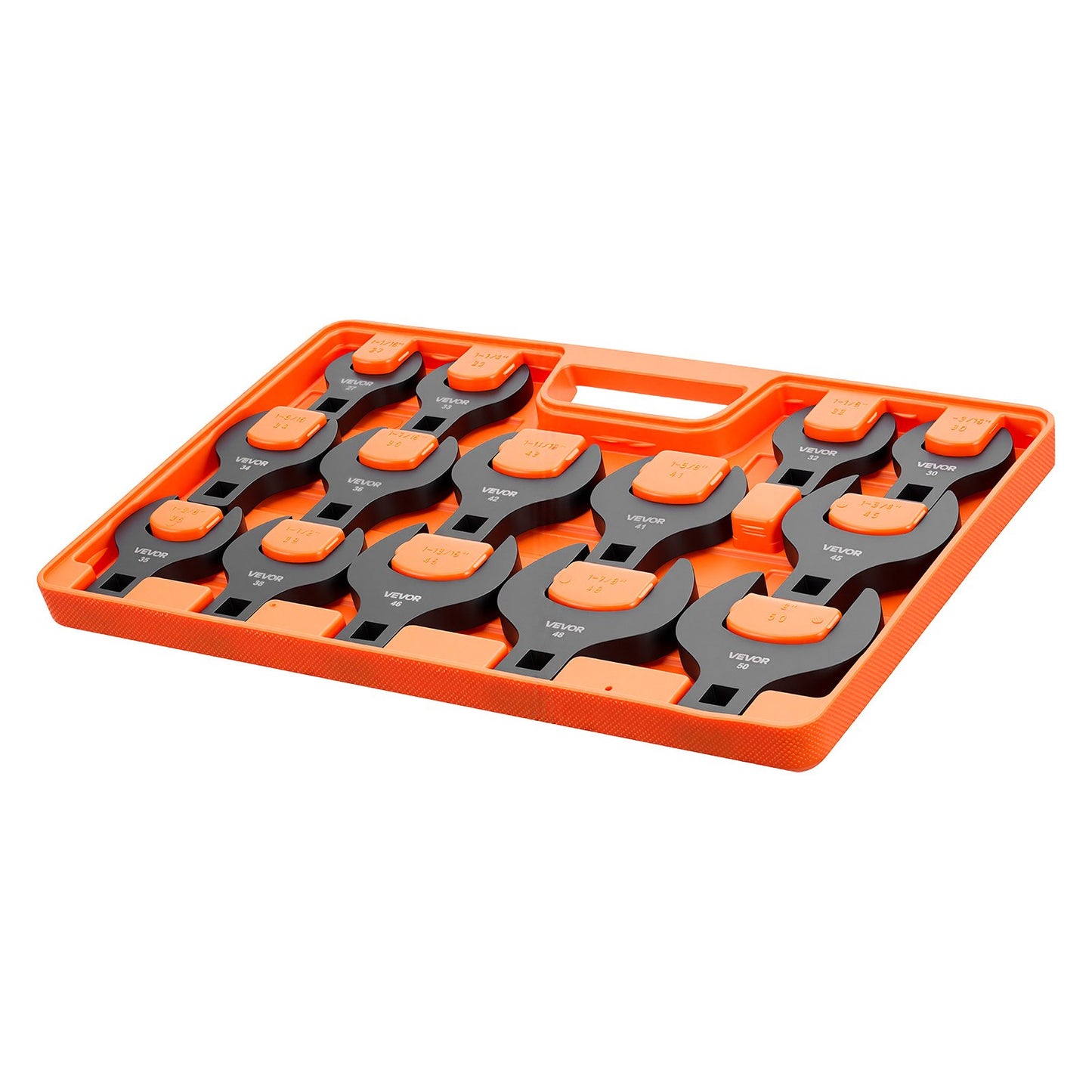 Crowfoot Wrench Set, 1/2" Drive, 14-Piece Metric 27 to 50 mm Crows Foot Wrenches, 40Cr Alloy Steel, with Storage Tray, Dual Size Markings on Tools and Tray, for Auto Maintenance or Repairs