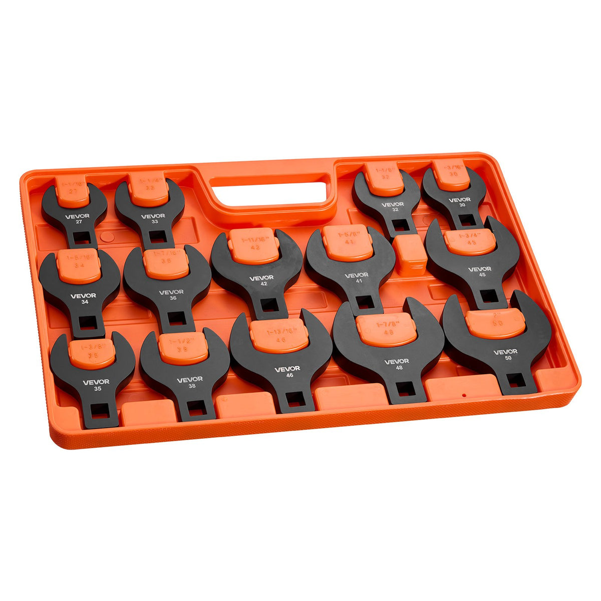 Crowfoot Wrench Set, 1/2" Drive, 14-Piece Metric 27 to 50 mm Crows Foot Wrenches, 40Cr Alloy Steel, with Storage Tray, Dual Size Markings on Tools and Tray, for Auto Maintenance or Repairs