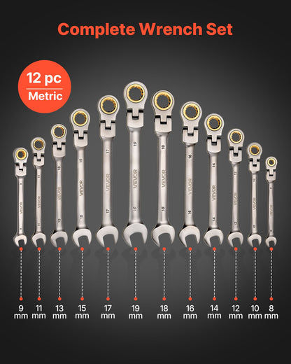 Flex-Head Ratcheting Wrench Set, 12-Piece Metric 8 mm to 19 mm, 72 Teeth, Cr-V Steel Ratchet Flexible Combination Wrench Set with Roll Up Pouch, for General Household and Automotive Repairs