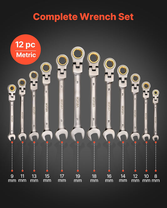 Flex-Head Ratcheting Wrench Set, 12-Piece Metric 8 mm to 19 mm, 72 Teeth, Cr-V Steel Ratchet Flexible Combination Wrench Set with Roll Up Pouch, for General Household and Automotive Repairs